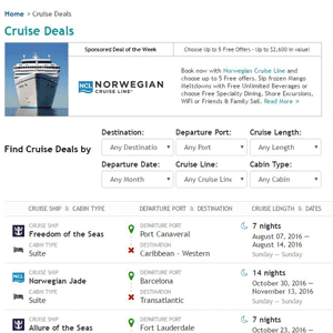 Capture d'écran de la page des offres de Cruise Critic
