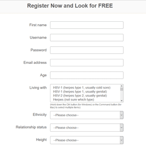 Screenshot van de aanmeldpagina voor PositiveSingles