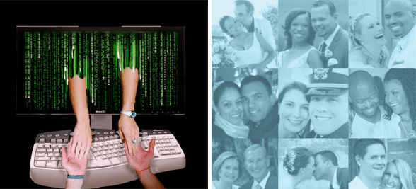 Collage von Paaren und Menschen, die Händchen über einen Computerbildschirm halten