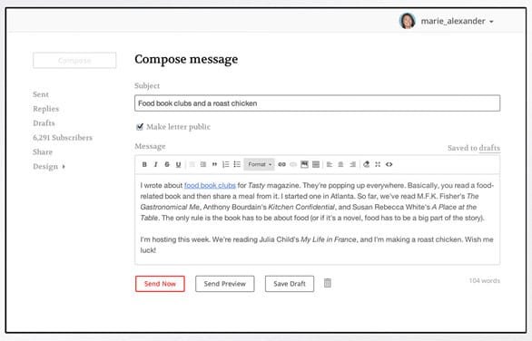 Captura de pantalla de la composición del boletín TinyLetter