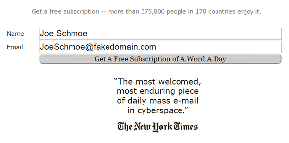 Une capture d'écran de la page d'abonnement A.Word.A.Day