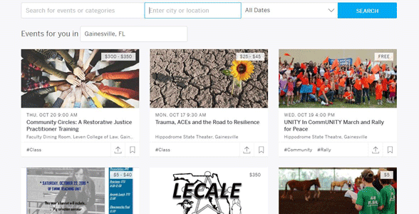 Capture d'écran de la page de recherche d'événements d'Eventbrite