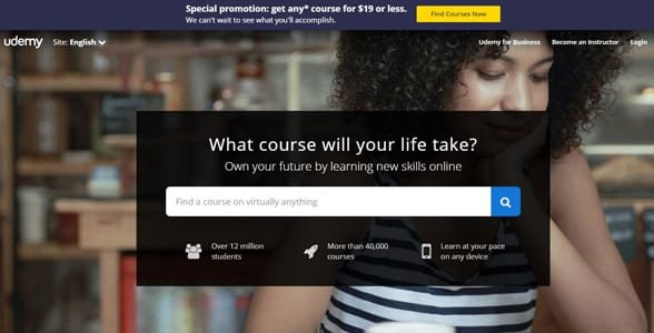 Capture d'écran de la page d'accueil d'Udemy