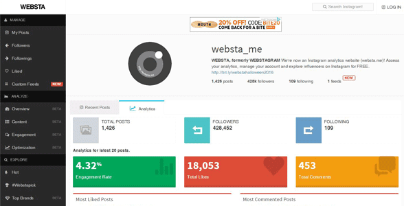 Capture d'écran de l'analyse du profil Instagram de WEBSTA
