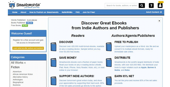 Screenshot der Smashwords-Startseite