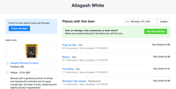 Capture d'écran d'une page de recherche de BeerMenus