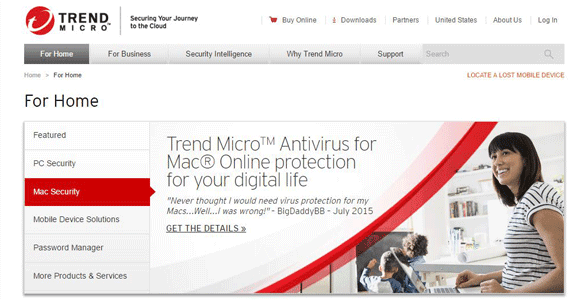 Screenshot di una pagina Web di Trend Micro