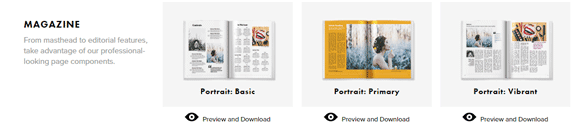 Captura de pantalla de las plantillas de revistas de Blurb