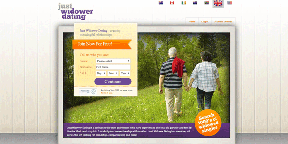Screenshot der Just Widow Dating-Homepage