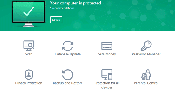 Capture d'écran de la page de destination de Kaspersky Lab Total Security