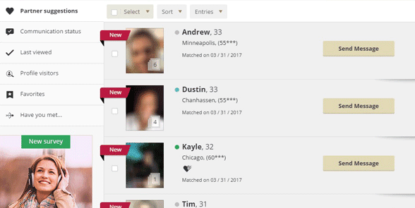 Screenshot van suggesties voor Elite Singles-partners
