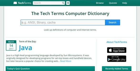 Capture d'écran de la page d'accueil de TechTerms