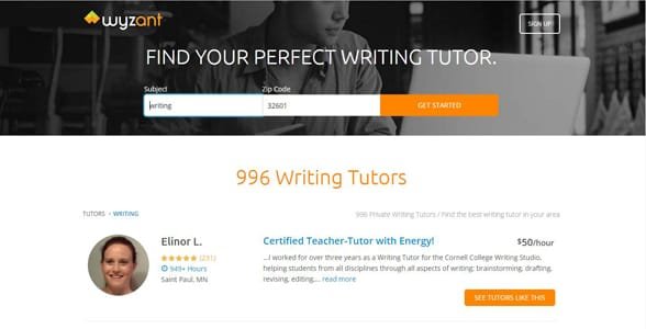 Screenshot dei risultati della ricerca del tutor di Wyzant