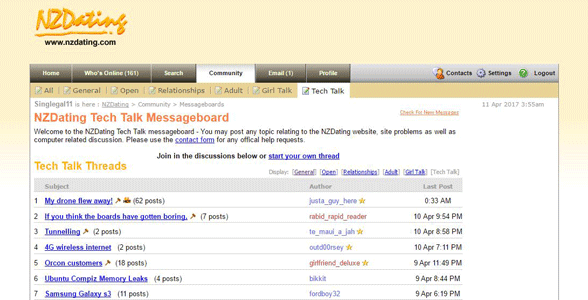Screenshot der Message Boards von NZDating