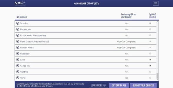Screenshot nástroje NAI Consumer Opt-Out Tool