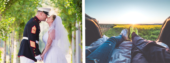 Collage d'un couple le jour de leur mariage et d'un couple se relaxant dans la nature.