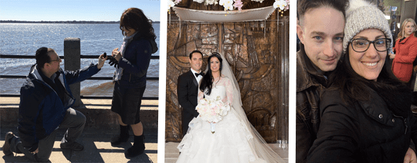 Collage de couples qui se fiancent, se marient et prennent une photo ensemble