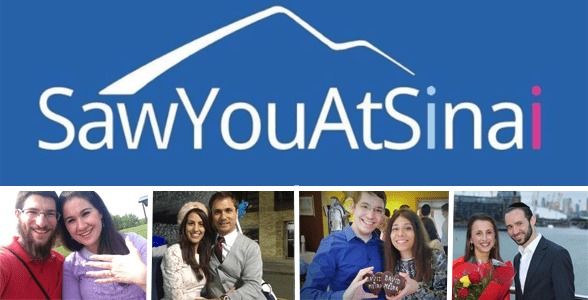 Collage du logo SawYouAtSinai et des couples qui se sont fiancés et mariés via le site