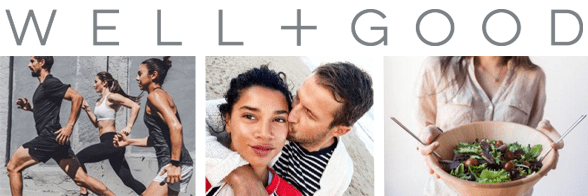Collage du logo Well+Good, de joggeurs, d'un couple et d'une femme tenant une salade