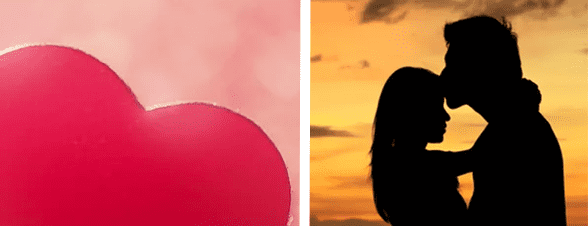 Collage aus einem Foto eines Papierherzens und eines Paares, das sich bei Sonnenuntergang umarmt