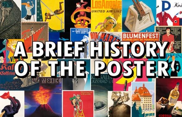 Un collage de carteles históricos y la etiqueta Breve historia del cartel