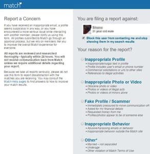Screenshot van Match's Meld een probleemformulier