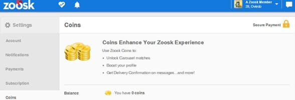 Capture d'écran de la FAQ sur les pièces de Zoosk