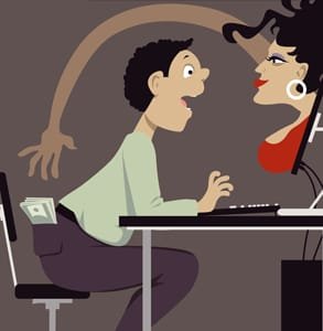 Cartoon van een online dating-oplichter