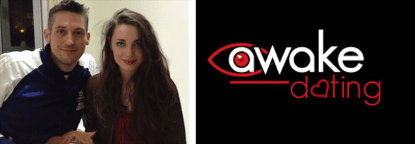 Zdjęcie Jarroda Fiddena, jego żony i logo Awake Dating