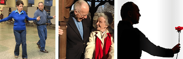 Collage van foto's van senioren die dansen, lachen en een roos vasthouden