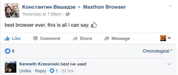 Snímek obrazovky s komentářem na Maxthonově facebookové stránce