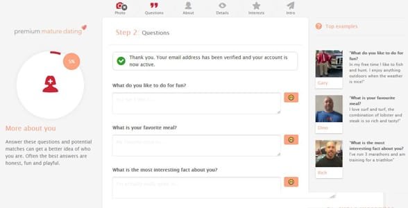 Capture d'écran du processus d'inscription de Premium Mature Dating