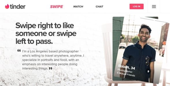 Capture d'écran de la page de destination de Tinder