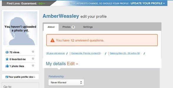 Capture d'écran de la page de modification du profil de Match.com