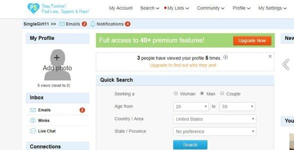 Screenshot van een PositiveSingles.com profiel