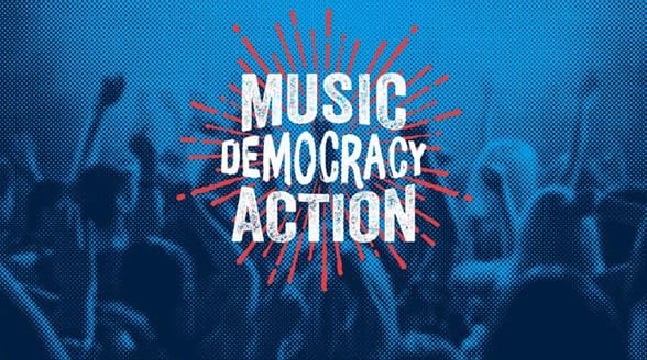 Grafisch van concertbezoekers en de HeadCount-slogan Music Democracy Action