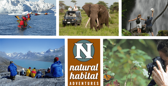 Collage de photos d'aventures en plein air et du logo Natural Habitat Adventures