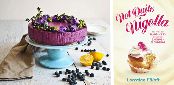 Foto einer Torte und das Cover von Lorraines Buch Not Quite Nigella