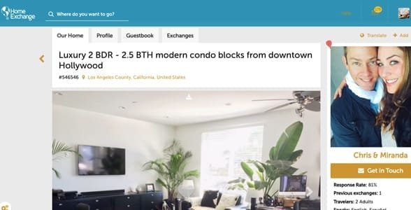 Captura de pantalla del sitio web de HomeExchange