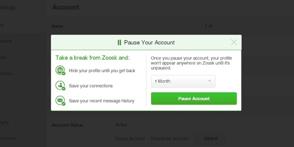 Capture d'écran de Suspendre votre compte sur Zoosk
