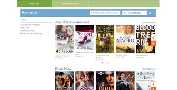 Snímek obrazovky romantické sekce NetGalley
