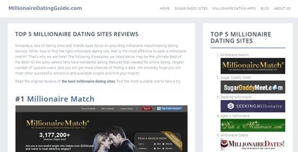 Screenshot z domovské stránky MillionaireDatingGuide.com