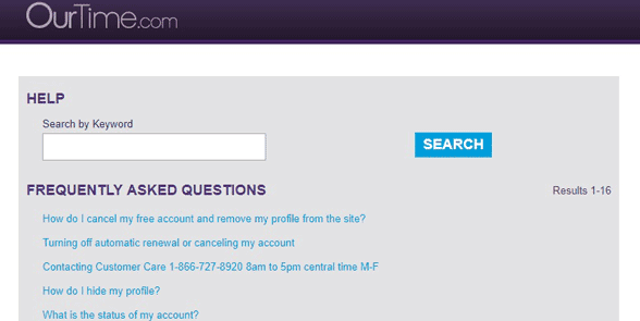 Screenshot van de OurTime contactpagina