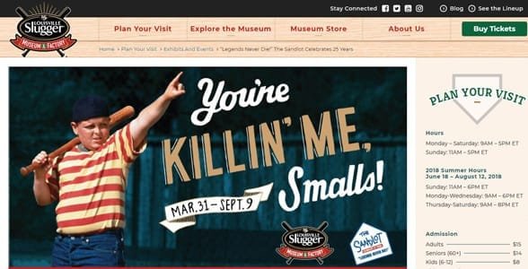 Screenshot von der Website des Louisville Slugger Museum and Factory