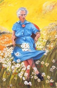 La peinture de Lucy dans le champ avec des fleurs