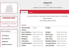 Captura de pantalla de un perfil de citas en No Longer Lonely