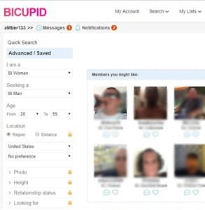 Captura de pantalla de las funciones de búsqueda de BiCupid