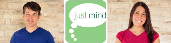 Foto der Just Mind Gründer William und Teri Schroeder und das Logo