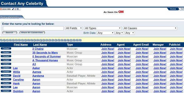 Screenshot z databáze Contact Any Celebrity