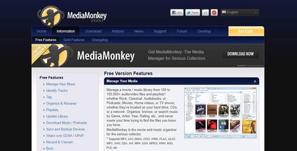 Capture d'écran du site Web de MediaMonkey
